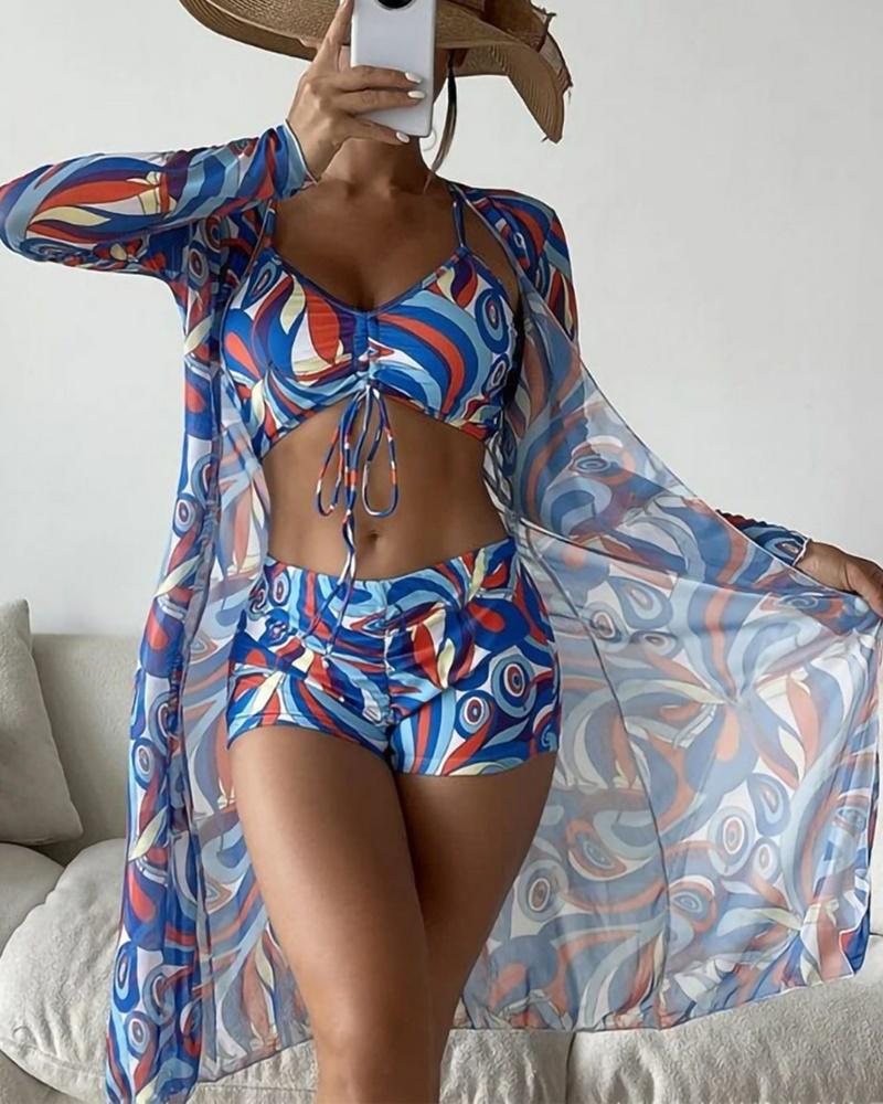 

3PCS Abstract Print Drawstring Ruched Bikini Set With Cover Up, Blue