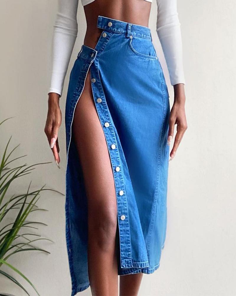 

Solid Color Button Through Split Denim Skirt, Blue