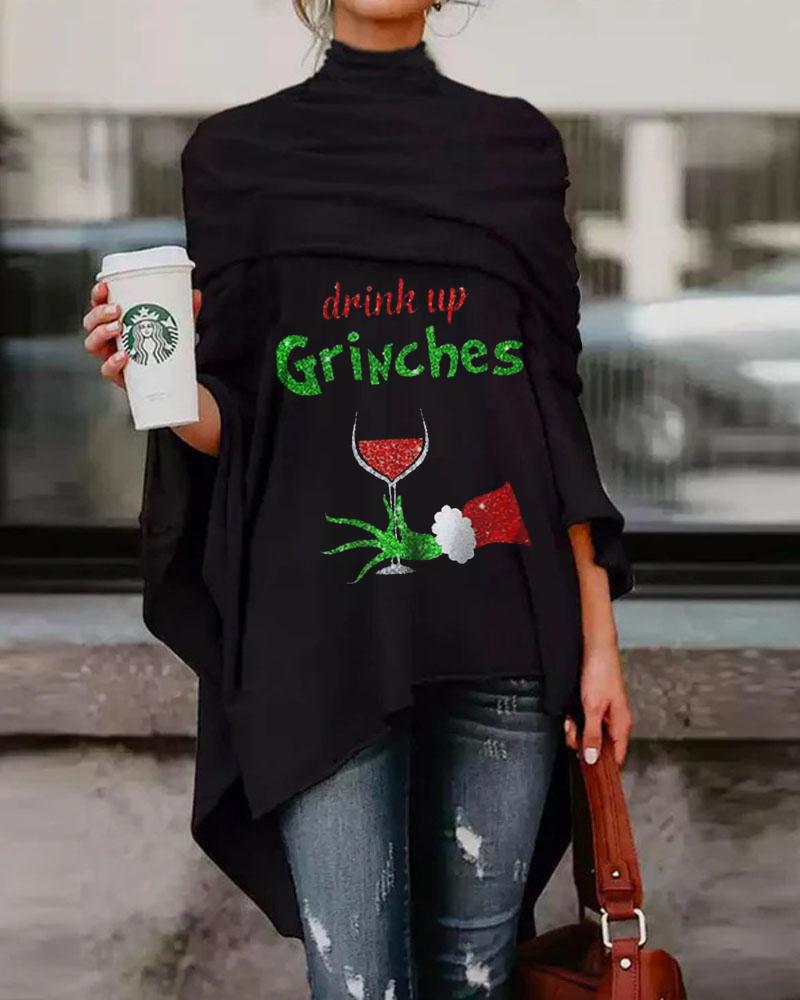 

Christmas Graphic Print Asymmetrical High Low Hem Top, Black