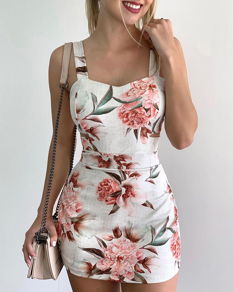 

Floral Print Thin Strap Bodycon Dress, Beige