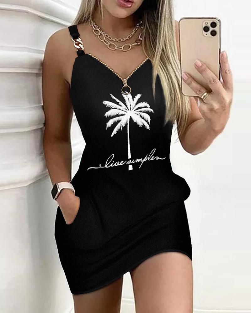 

Coconut Tree Print Chain Decor Casual Dress, Black