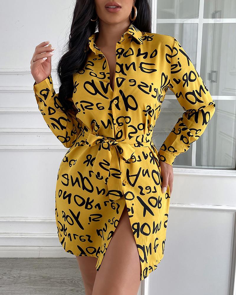 

Long Sleeve Letter Print Button Design Shirt Dress, Yellow