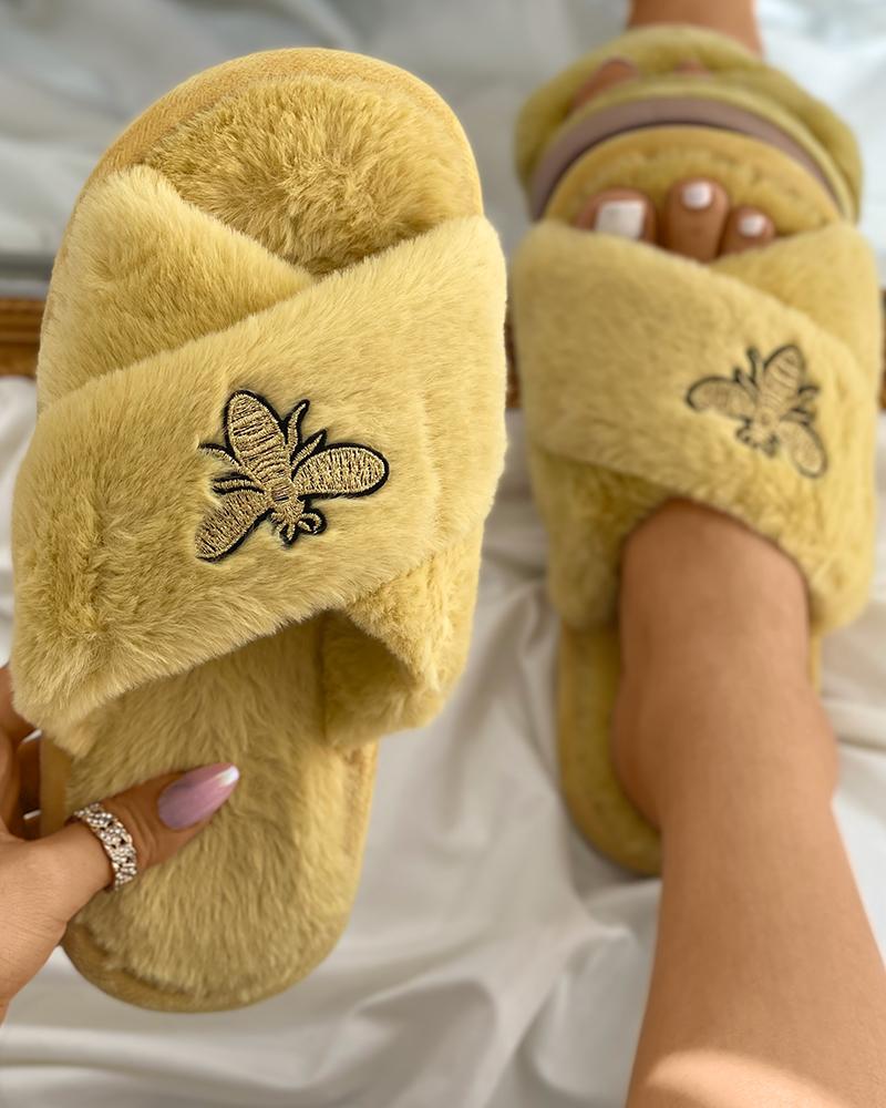 

Bee Embroidery Bandage Strap Fluffy Slippers, Yellow