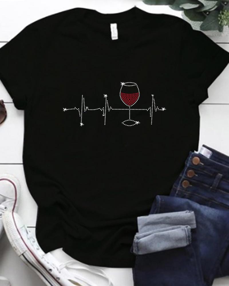 

Christmas Rhinestone Wine Glass Pattern Casual T-shirt, Black