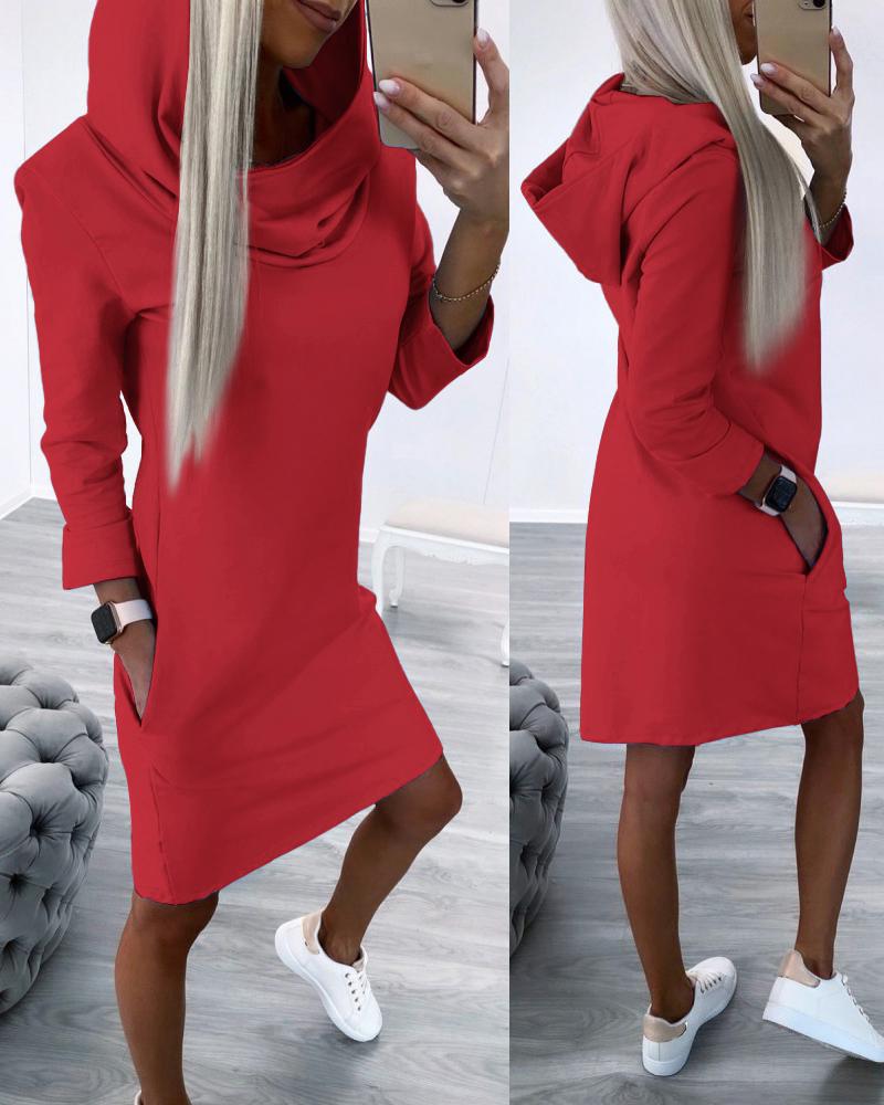 

Long Sleeve Hooded Casual Dress, Red