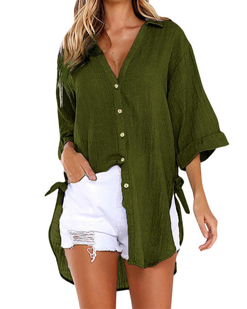 

Tied Detail Buttoned V-Neck Shirt, Dark green