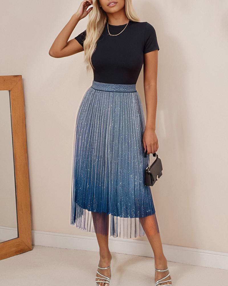 

Ombre Sheer Mesh Patch A Line Pleated Glitter Skirt, Dark blue