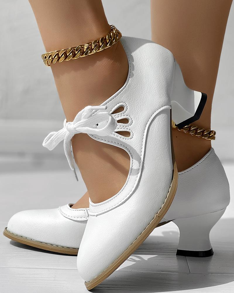 

Hollow Out Tied Detail Chunky Heel Pumps, White