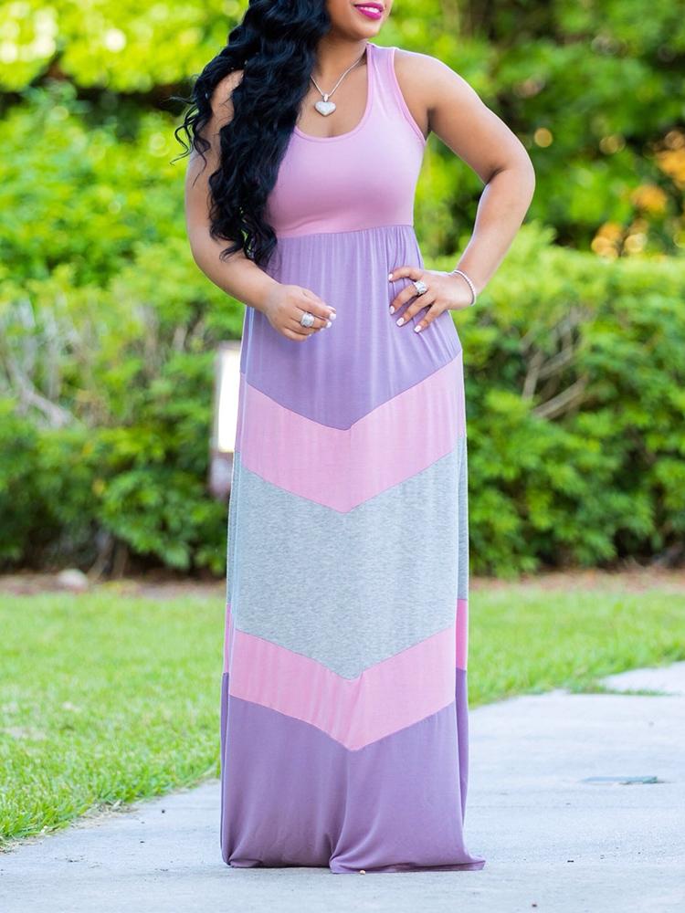 

Colorful Colorblock Casual Maxi Dress, Pink