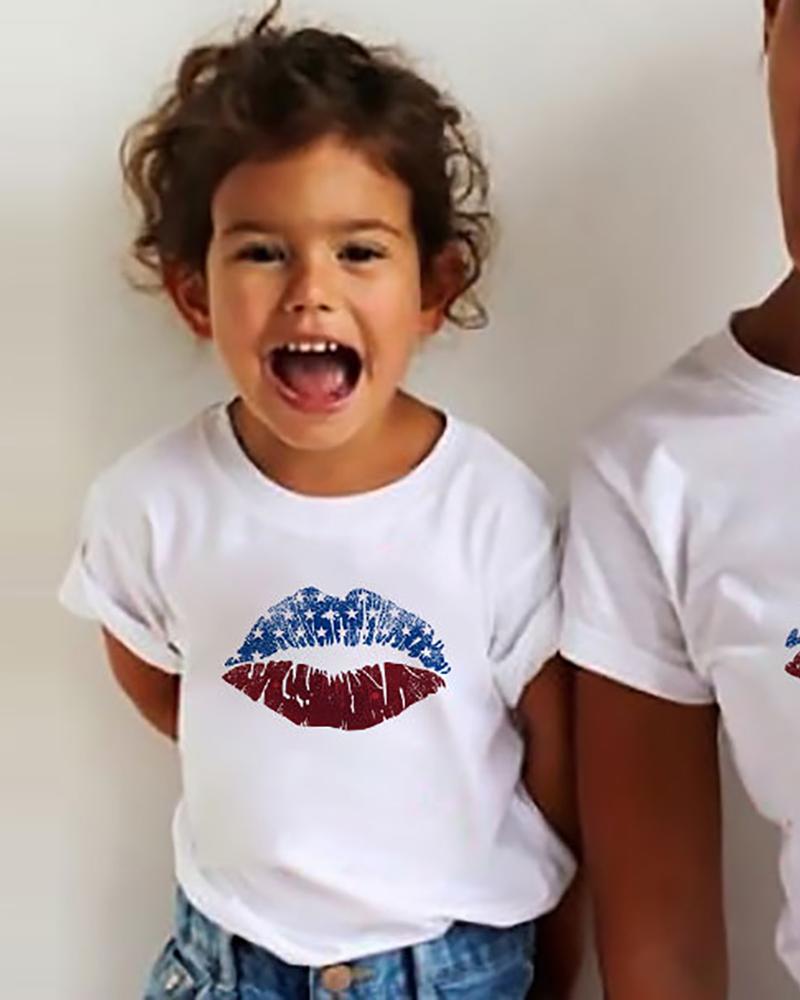 

Mommy & me Lip Flag Pattern Print Short Sleeve T-shirt For Kids, White