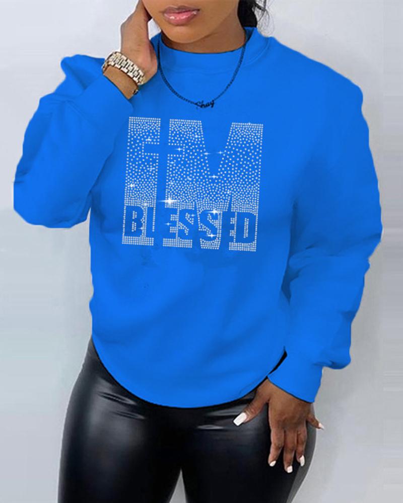 

Plus Size Rhinestone Letter Pattern Long Sleeve Sweatshirt, Blue