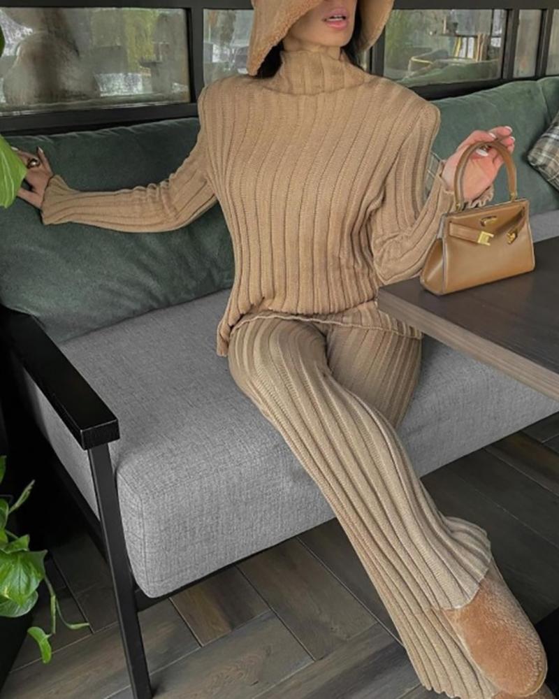 

High Neck Frill Hem Ribbed Sweater & Pants Set, Khaki