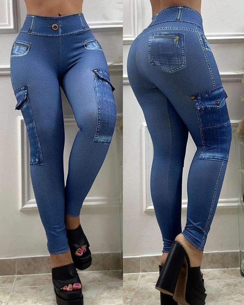 

Denim Look Print Skinny Pants, Blue