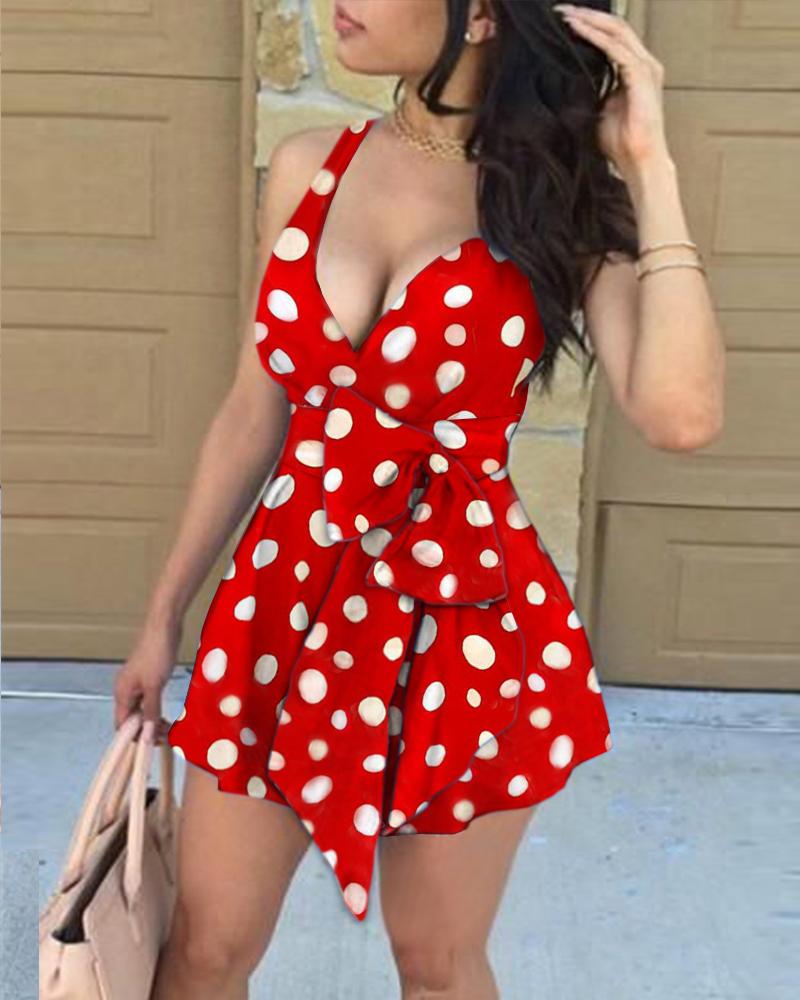 

Solid Strap Sleeveless Lace-up Polka Dot Print Mini Dress, Red