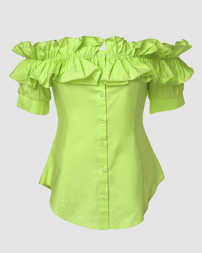 

Off Shoulder Layered Ruffles Button-down Asymmetrical Hem Top, Green