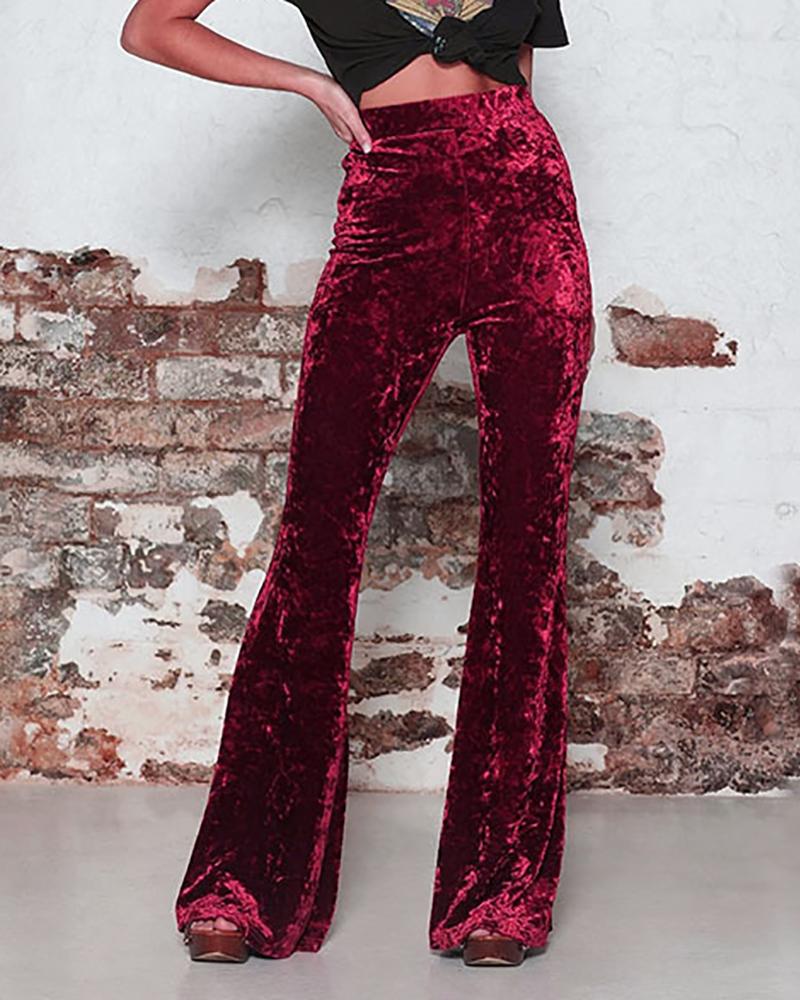 

High Waist Velvet Wide Leg Pants, Red