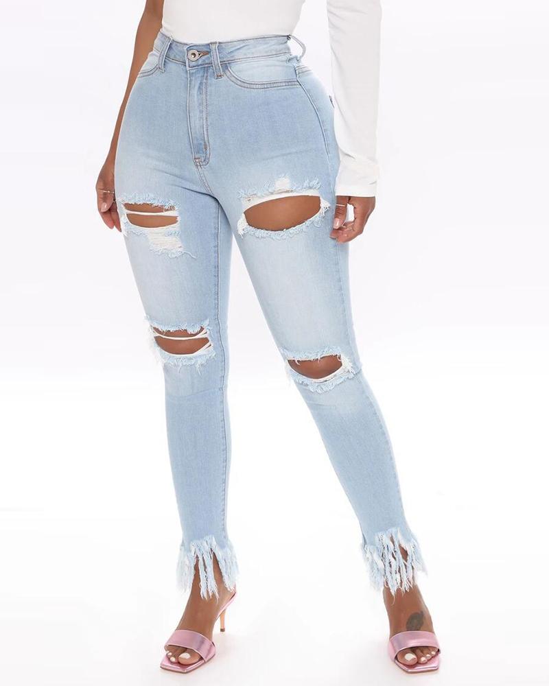 

Holey Fringes Hem Distressed Pencil Jeans, Light blue