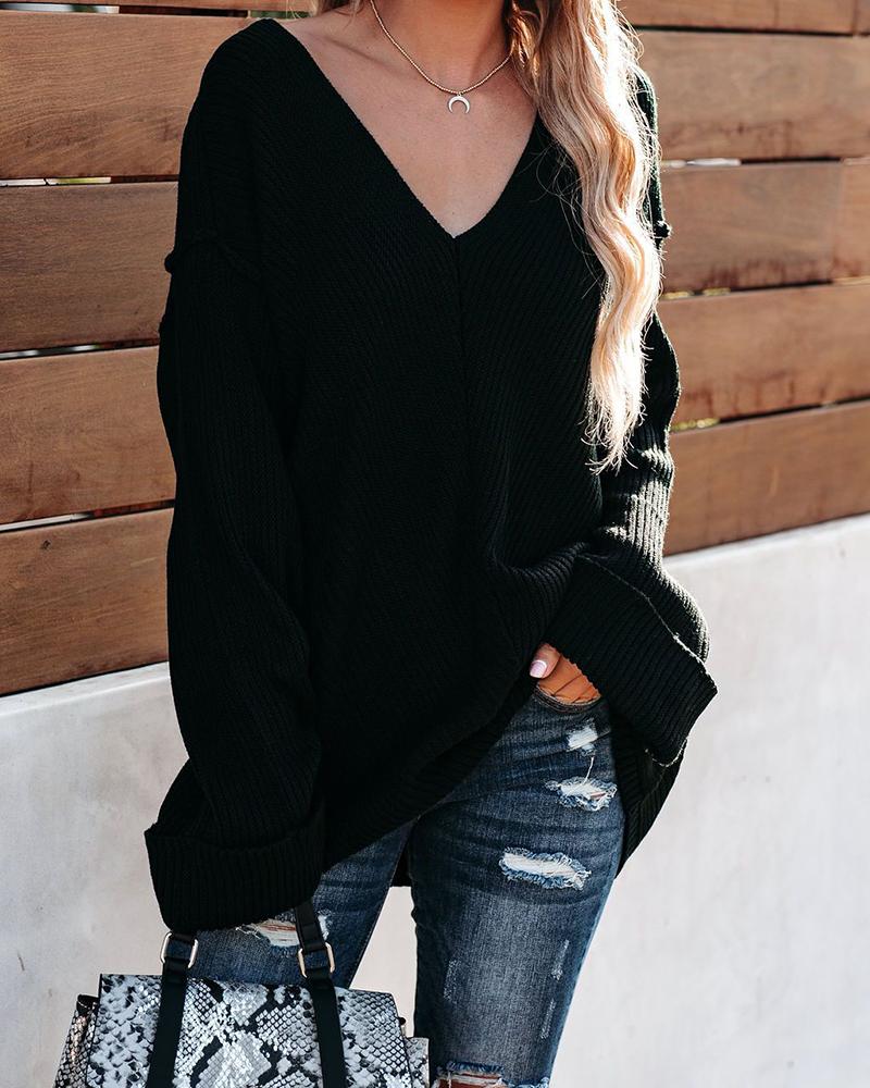 

Long Sleeve Solid Knit Casual Sweater, Black