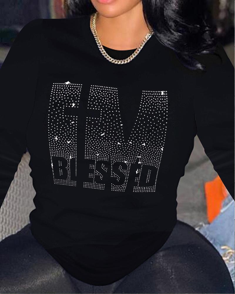 

Plus Size Rhinestone Letter Pattern Long Sleeve Top, Black