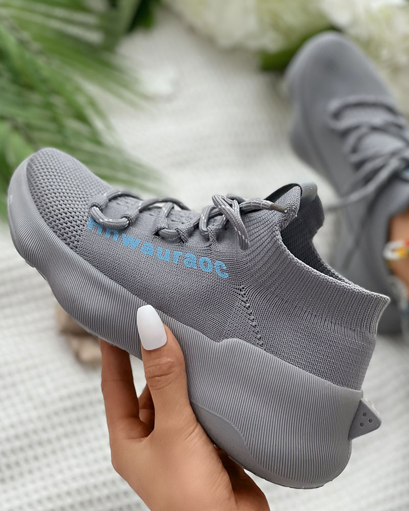 

Letter Pattern Lace-up Muffin Sneakers, Gray