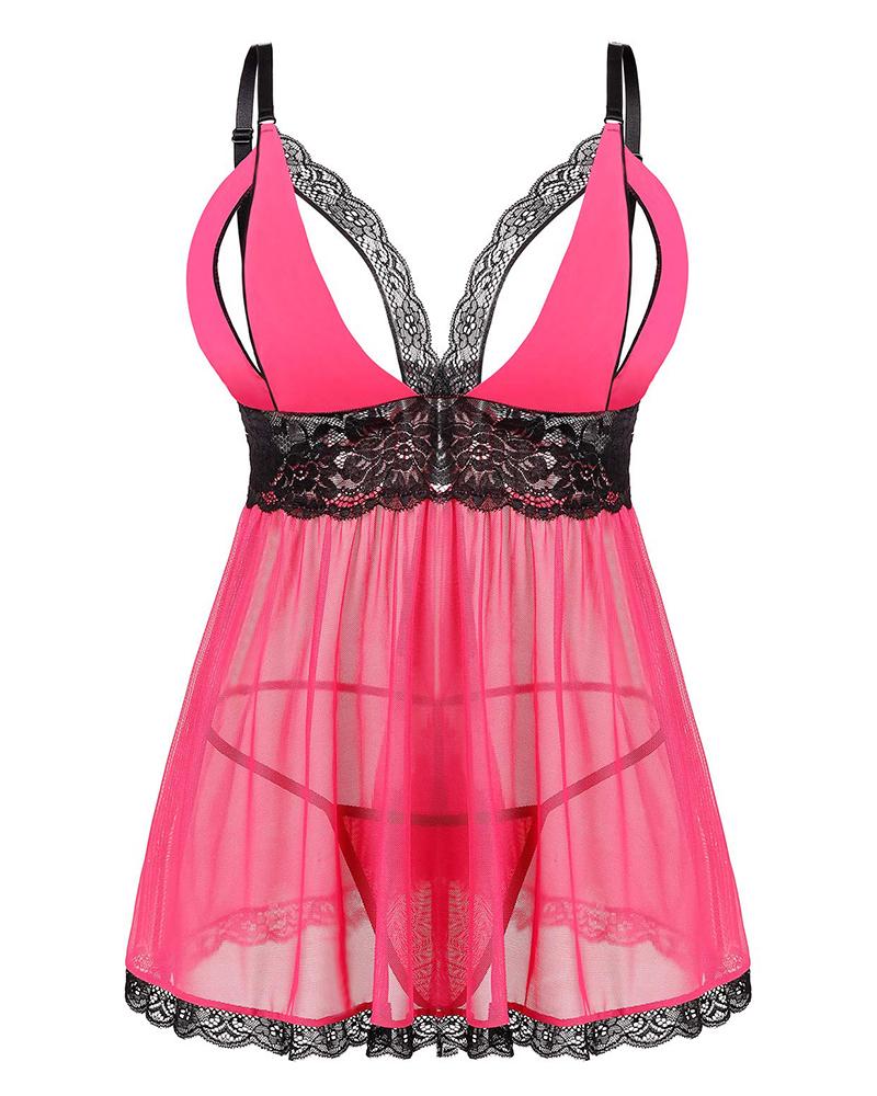 

Plus Size Sheer Mesh Lace Patch Babydoll With Panty, Hot pink