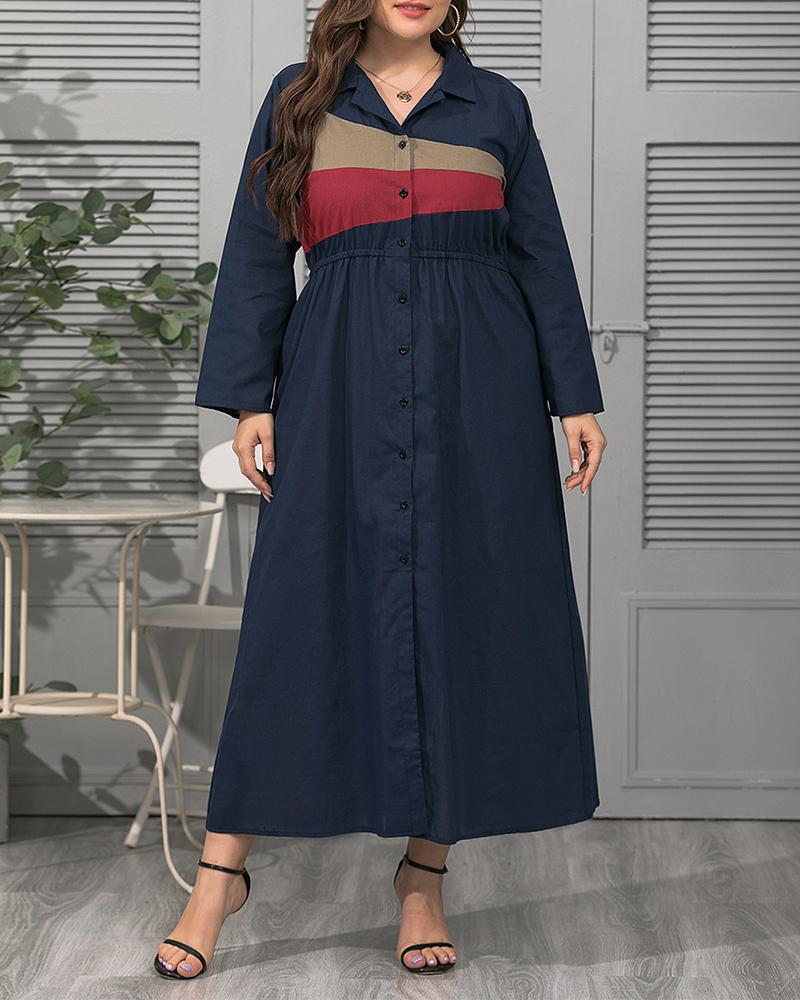 

Plus Size Geo Color Block Button Up Work Dress, Dark blue