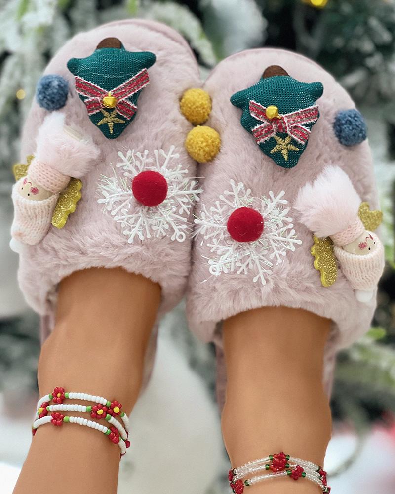 

Cartoon Christmas Tree Pattern Pom Pom Fuzzy Slippers, Pink