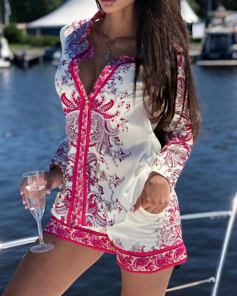 

Floral Print Buttoned Top & Shorts Set, White