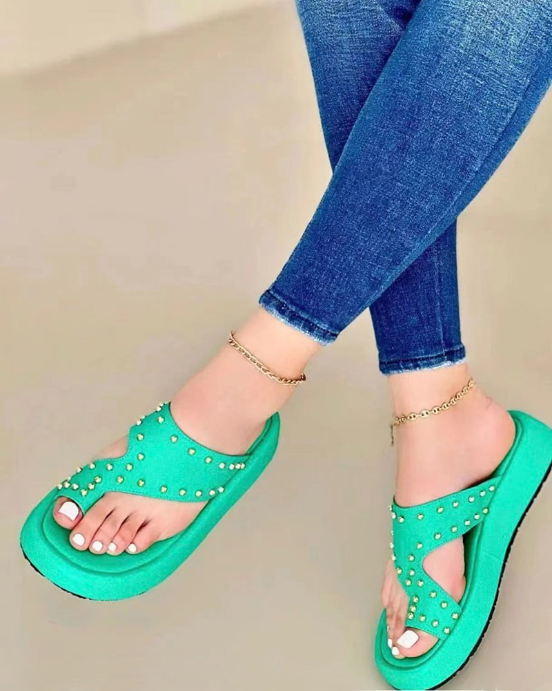 

Studded Hollow Out Toe Post Slippers, Green