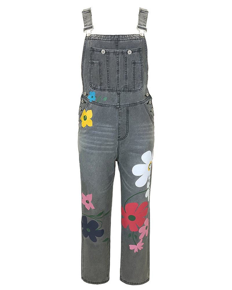 

Floral Print Pocket Design Suspender Denim Jumpsuit, Gray
