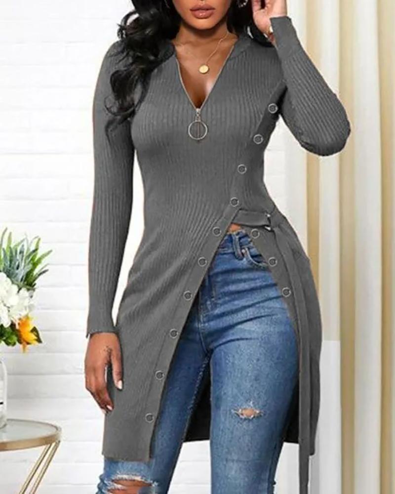 

Long Sleeve Zipper Design High Slit Top, Gray