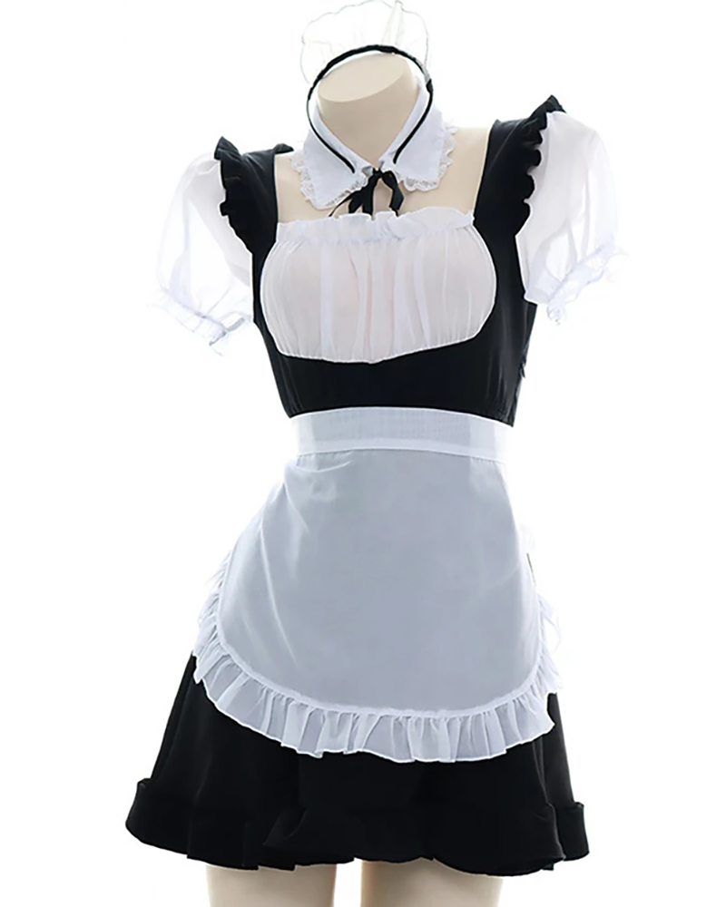 

Colorblock Puff Sleeve Ruffle Hem Maid Costume, Black