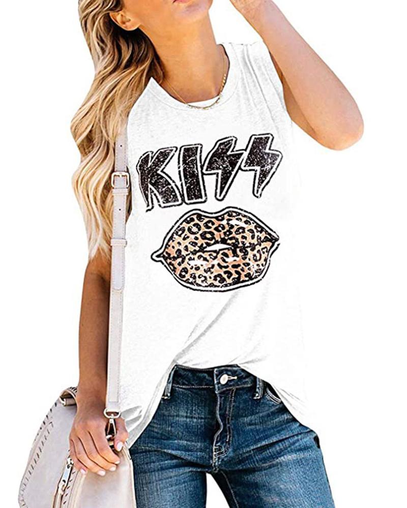 

Women' Casual Tee Letter Kiss Leopard Lip Print Sleeveless Tank Top, White