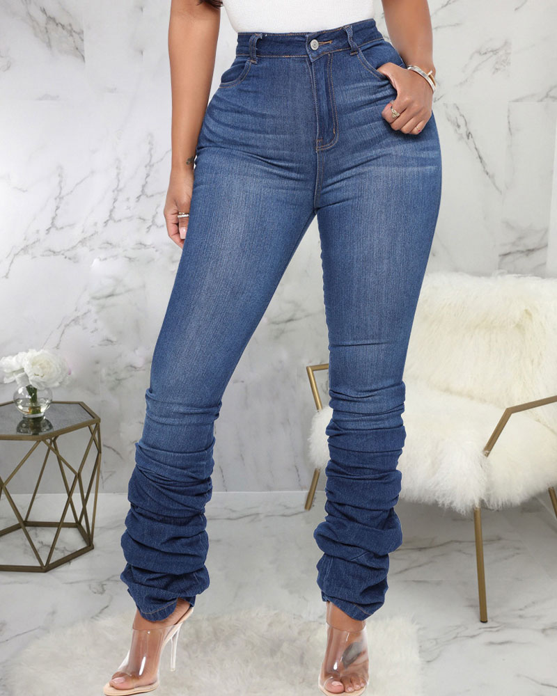 

Washed Zipper Fly Stacked Skinny Jeans, Blue