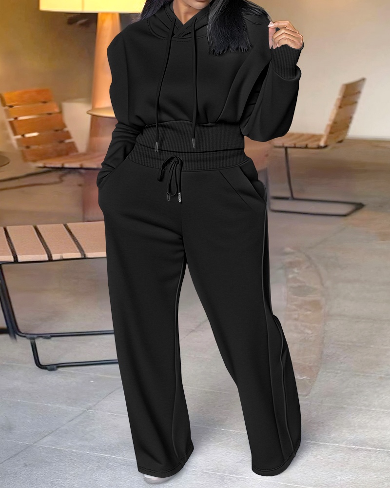 

Conjunto de 2 piezas: sudadera con capucha de manga larga con cordón ajustable, puños con abertura para el pulgar y pantalones deportivos casuales con cintura elástica y pierna ancha con cordón ajustable., Black