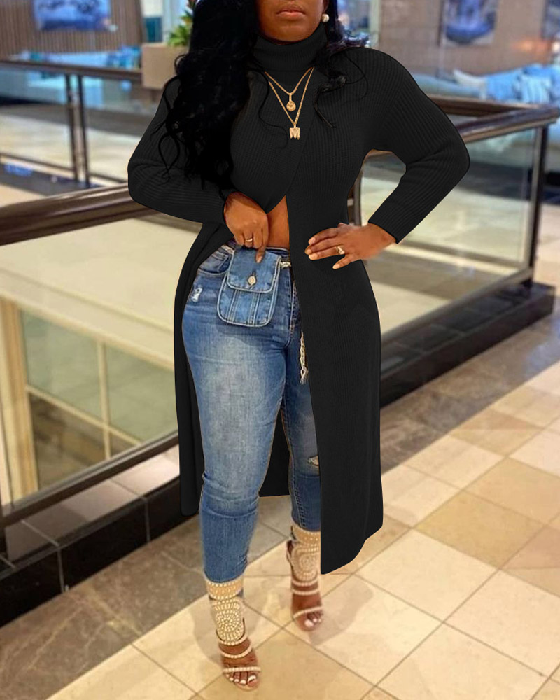 

Turtleneck High Slit Longline Sweater, Black