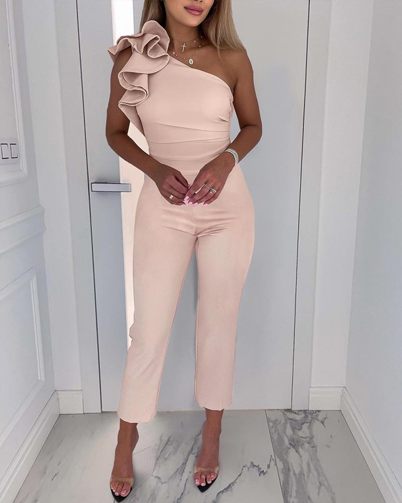 

One Shoulder Ruffle Hem Ruched Jumpsuit, Light pink