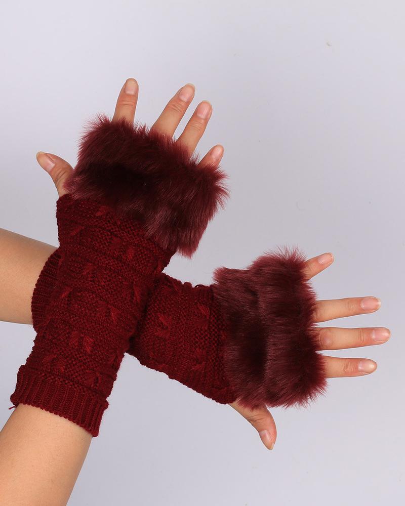 

1Pair Fuzzy Trim Bowknot Textured Knit Fingerless Gloves, Wine red