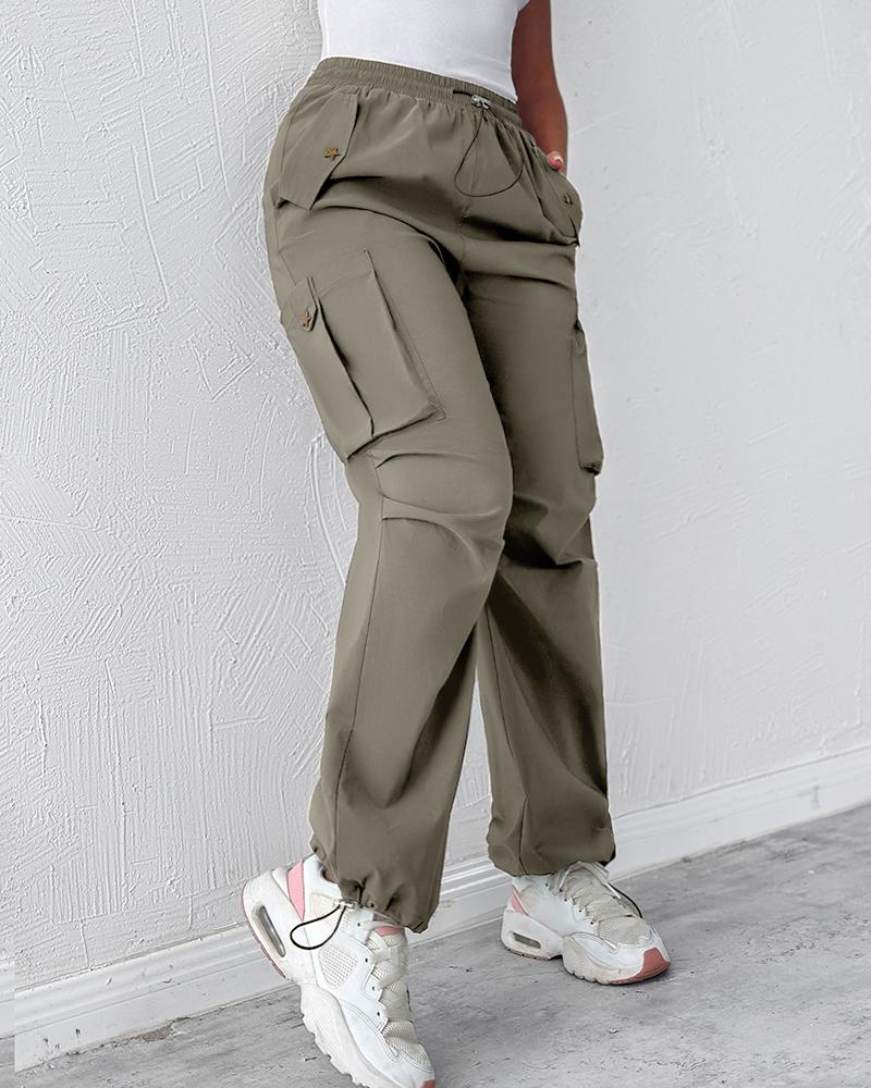 

Drawstring Pocket Design Cargo Pants, Khaki