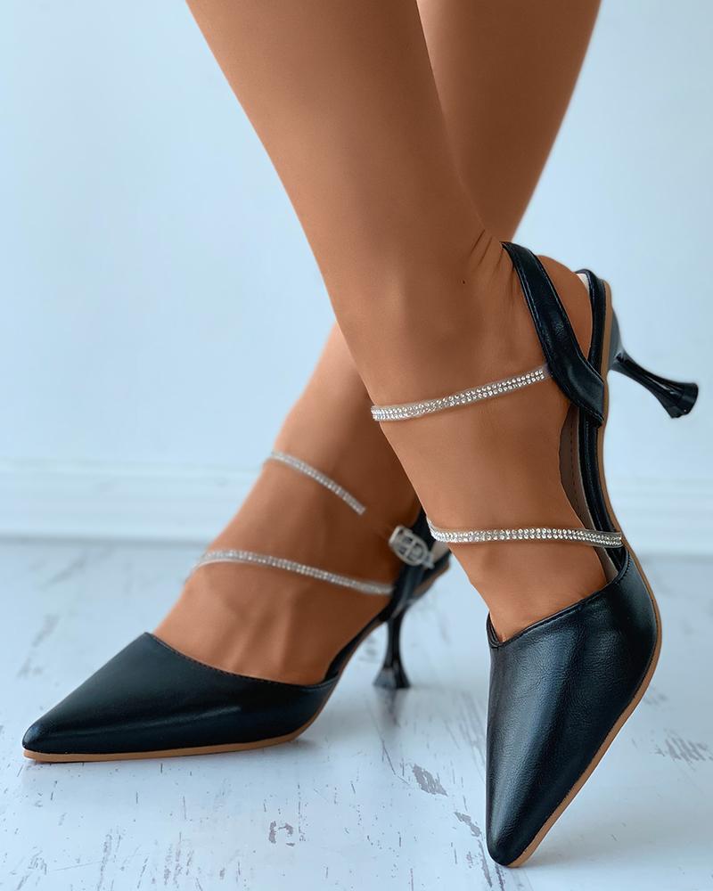 

Rhinestone Strap Pointed Toe Pyramid Heels, Black