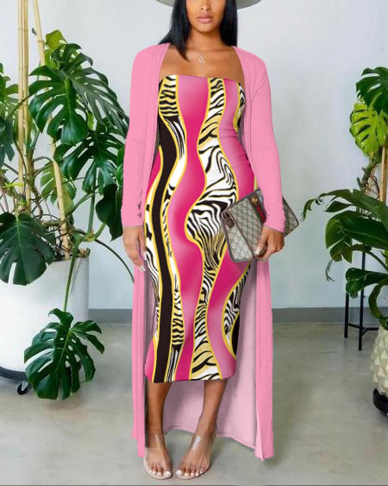 

Animal Print Tube Bodycon Dress With Longline Coat, Multicolor