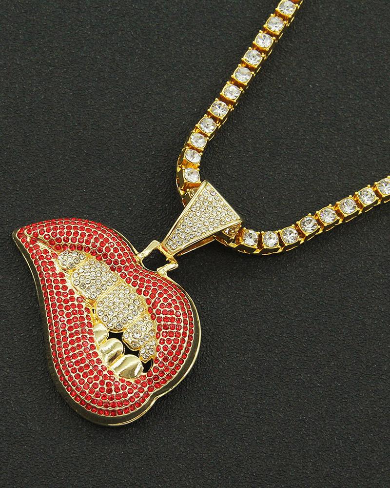 

1pc Rhinestone Gold Teeth Lip Pendant Trendy Necklace, Style3