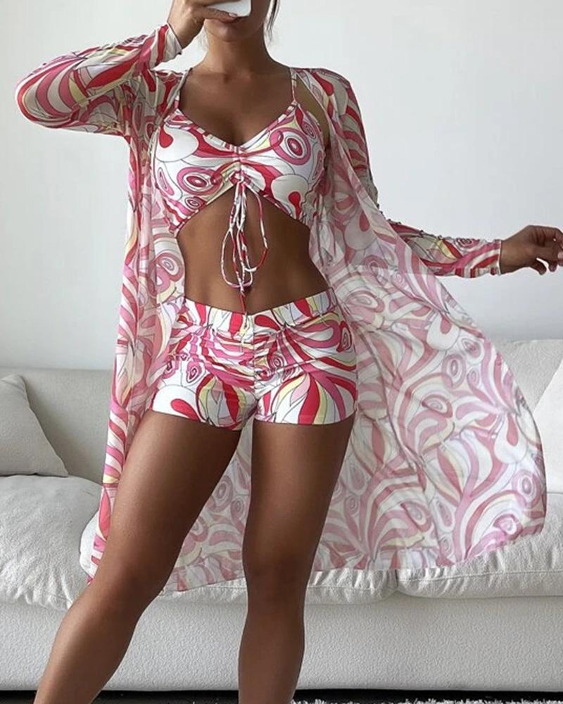 

3PCS Allover Print Drawstring Bikini Set With Cover Up, Red