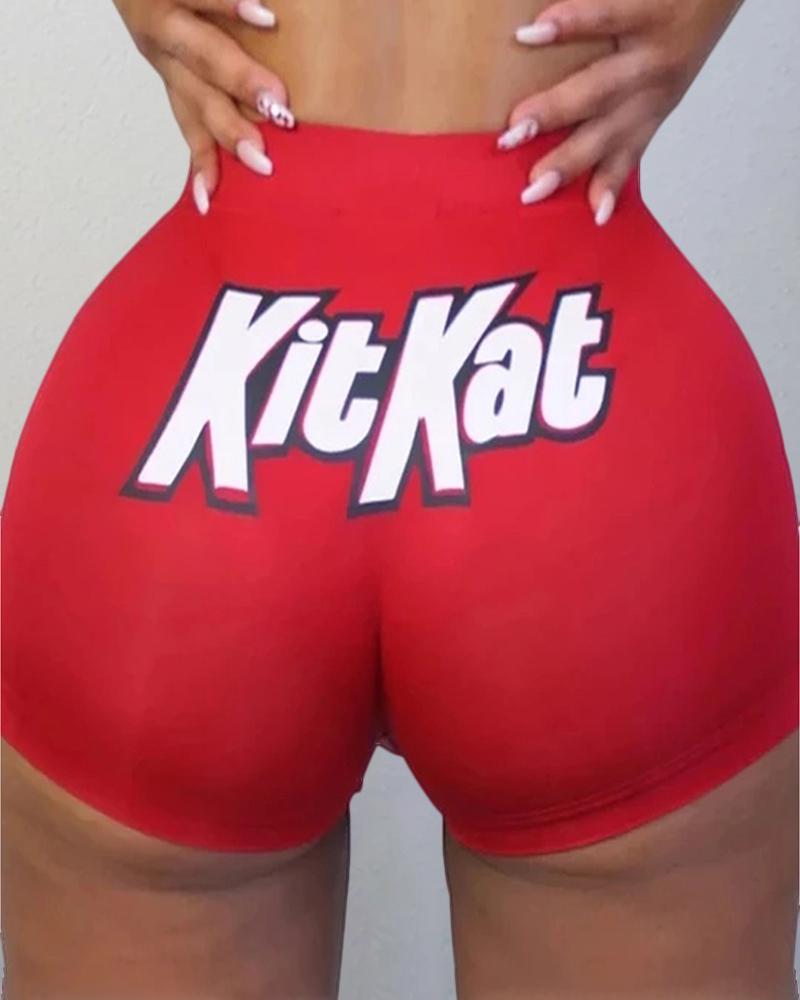 

Letter Cartoon Print High Waist Casual Shorts, Red