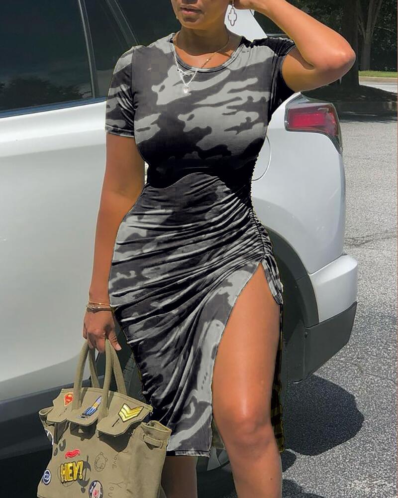 

Camo Print Short Sleeve Drawstring Ruched Casual Dress, Gray