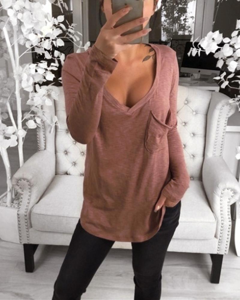 

Plus Size Pocket Detail Long Sleeve Top, Brown