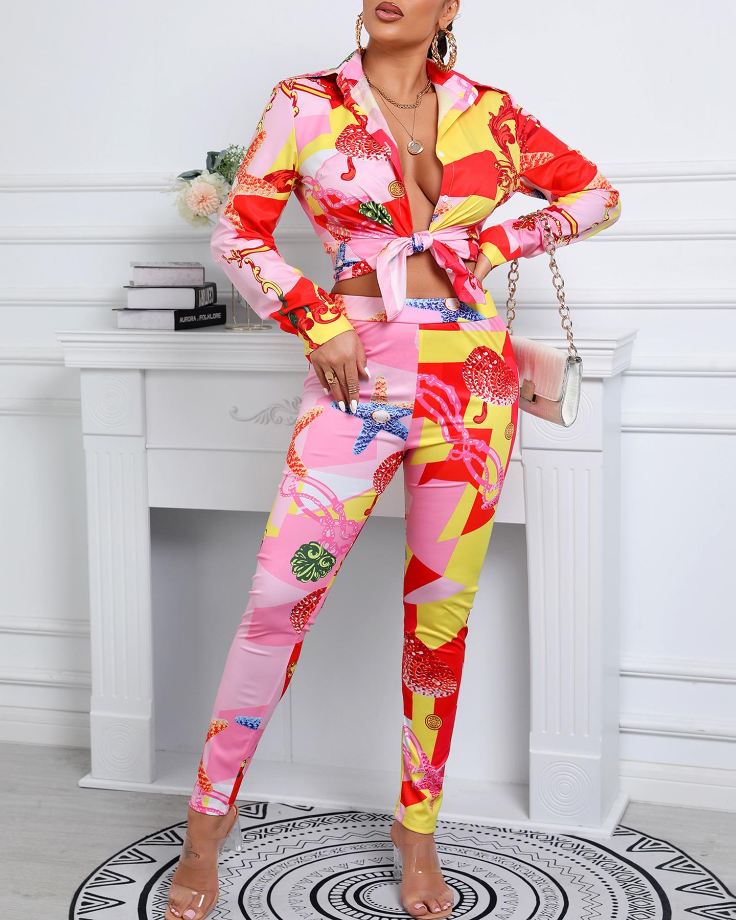 

Scarf Graphic Print Buttoned Top & Pants Set, Multicolor