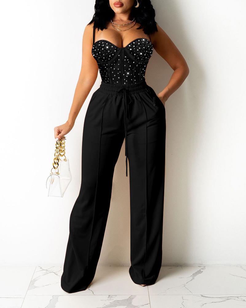 

Rhinestone Zipper Back Cami Top & Wide Legs Drawstring Pants Set, Black