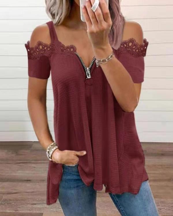 

Solid Short Sleeve Cold Shoulder Zip-up T-shirts, Red