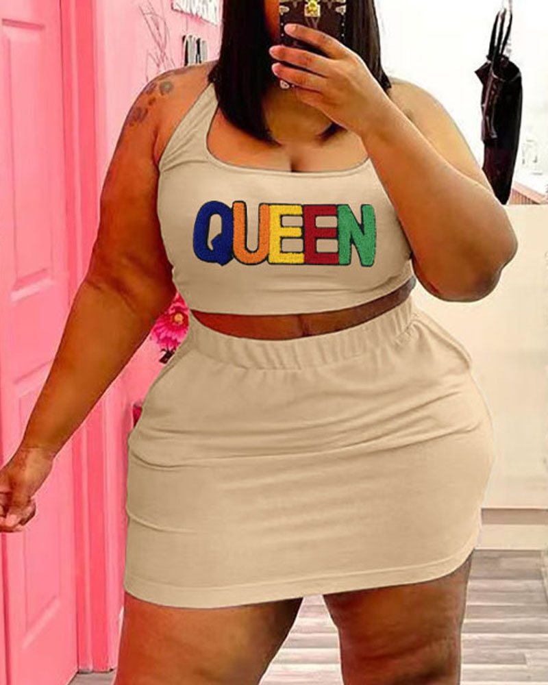 

Plus Size Embroidery Letter Crop Tank Top & Skirt Set, Apricot